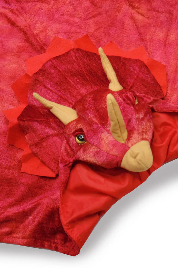 Dinosaurs that are Jurassic! This dino cape from our Dino Collection, features textured velour, realistic eyes, and 3D stuffed detailing. Horns and felt detailing around the head makes this Triceratops dino something to roar about! A lined hood and Velcro closure makes this cape durable and always machine washable. 