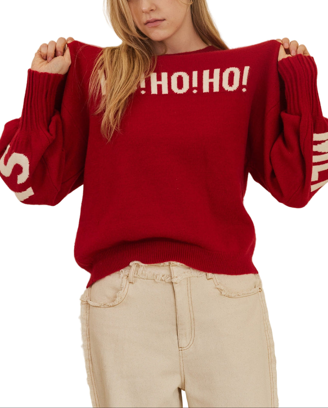 Get into the festive spirit with this playful Holiday Christmas Sweater in vibrant red. Featuring a cheerful "HOHOHO" design across the front, plus "Merry" on one sleeve and "Christmas" on the other, it’s perfect for spreading holiday cheer wherever you go. Cozy and colorful, this sweater is a fun way to celebrate the season in style!