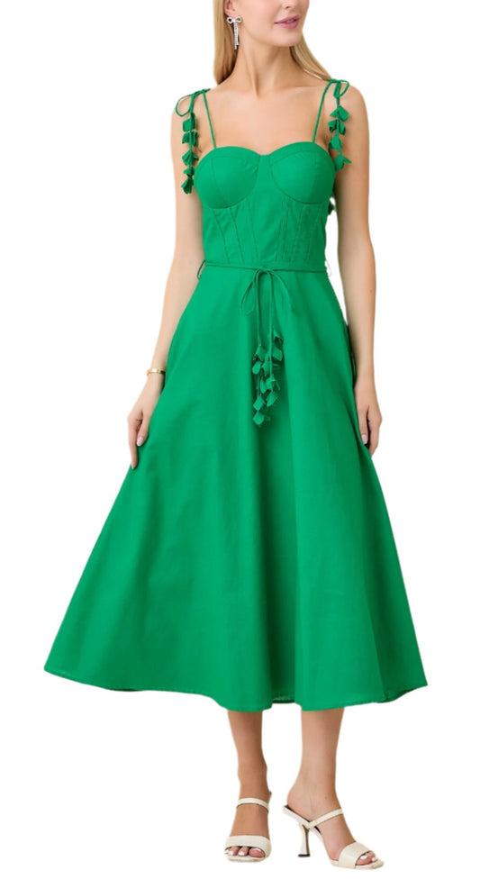 Bra Cup Self Tie Shoulder Strap With Floral Trim Back Smoking Zipper Waist Self Tie Belt Flare Midi Dress
55% COTTON 45% LINEN