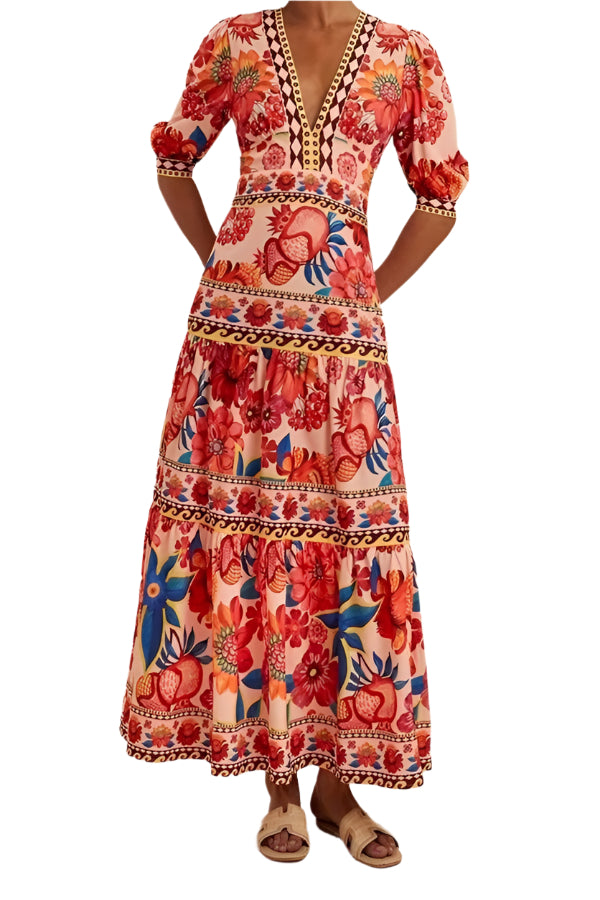 Floral Short Puff Sleeve Maxi Dress