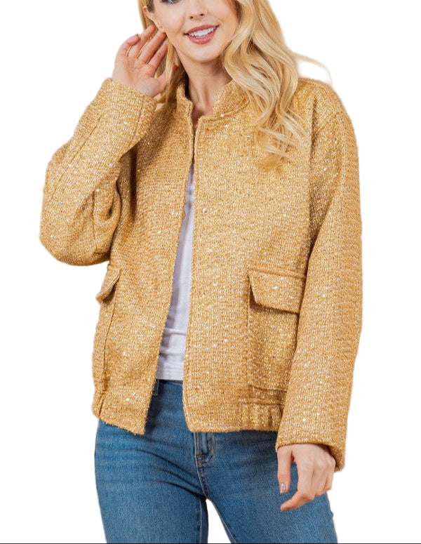 A cute sequin textured jacket will be great for any casual occasion.