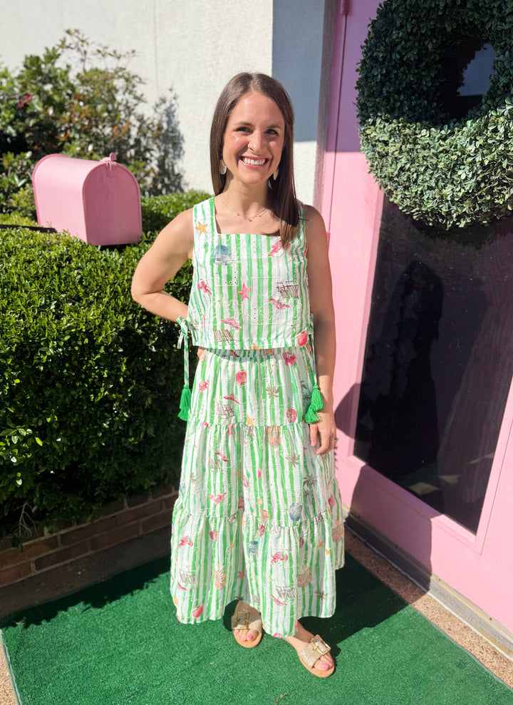 Lacey Beach Print Midi Skirt Set in Green - Pickering Boxwood