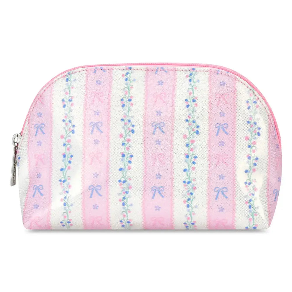 Small pouch with pink and white striped pattern featuring blue bows on a white background
