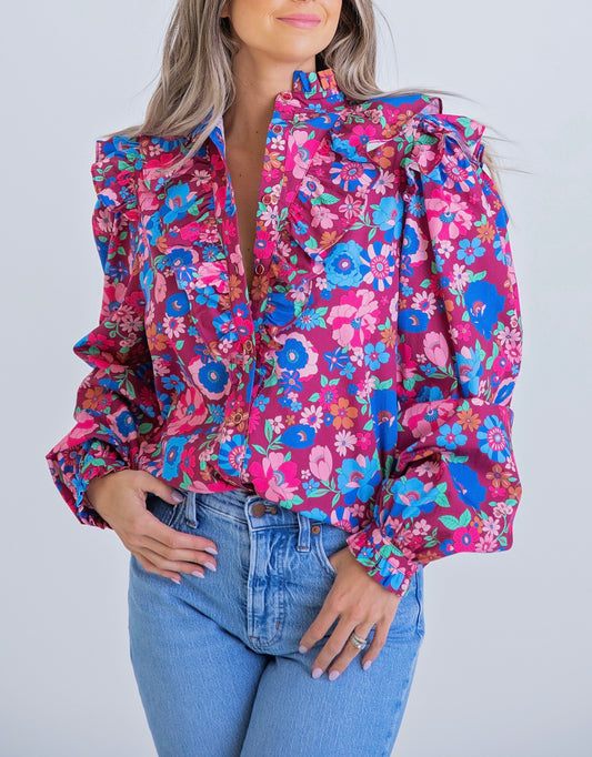 London Floral Ruffle Button Top by Karlie, pink, magenta, flower