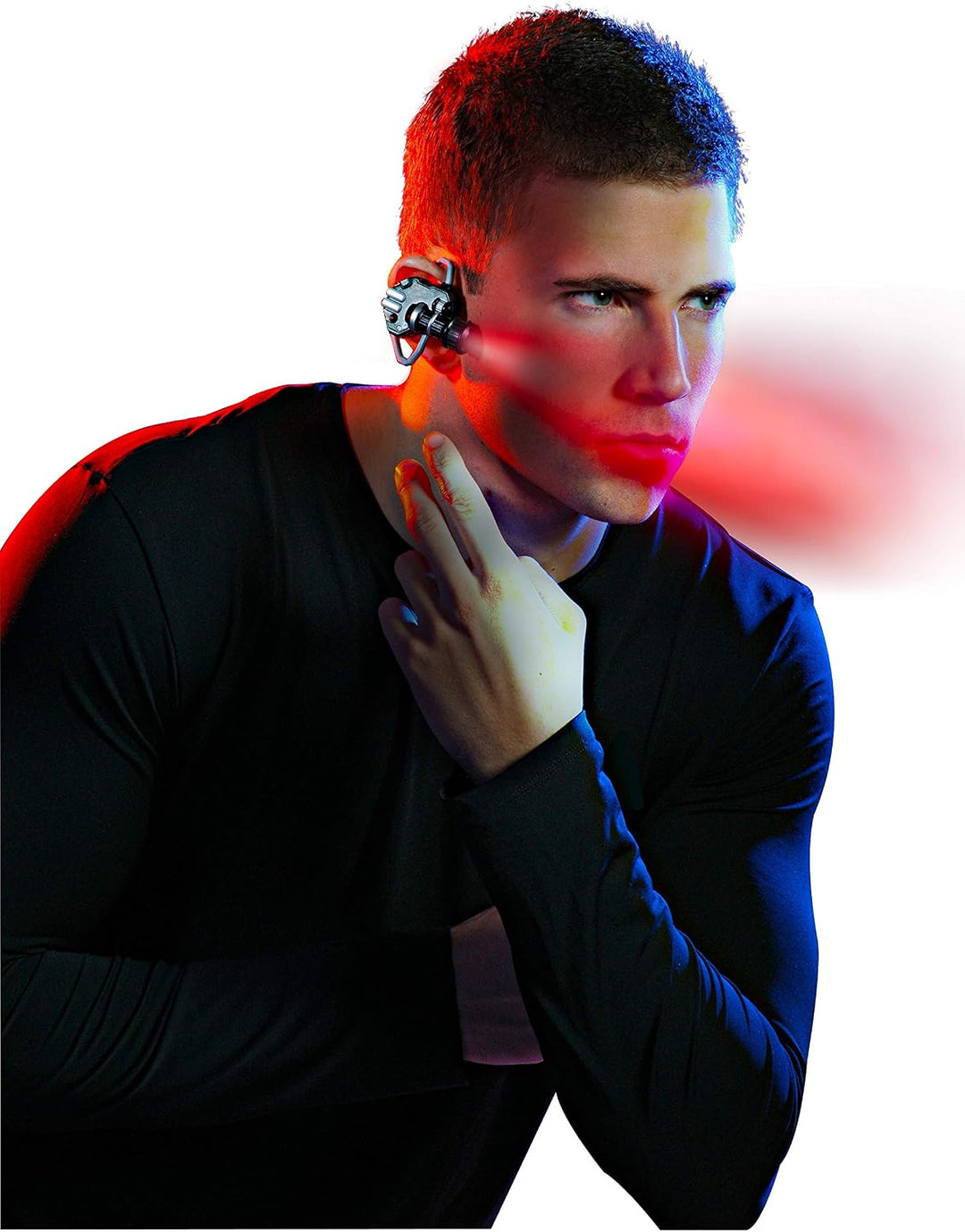 Man wearing a futuristic earpiece with red and blue lighting effects.