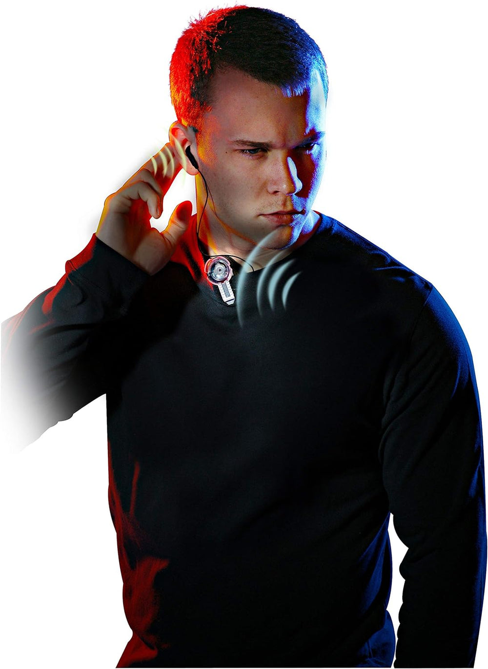 Man wearing a black shirt with a red and blue light effect on a white background