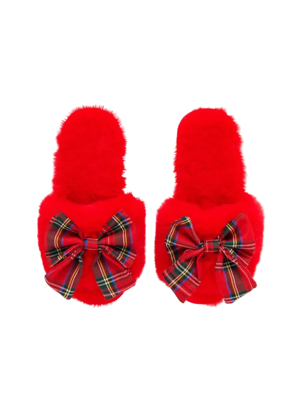 A pair of bright red fuzzy slip-on slippers with large red tartan plaid bows on the front, shown against a plain white background.