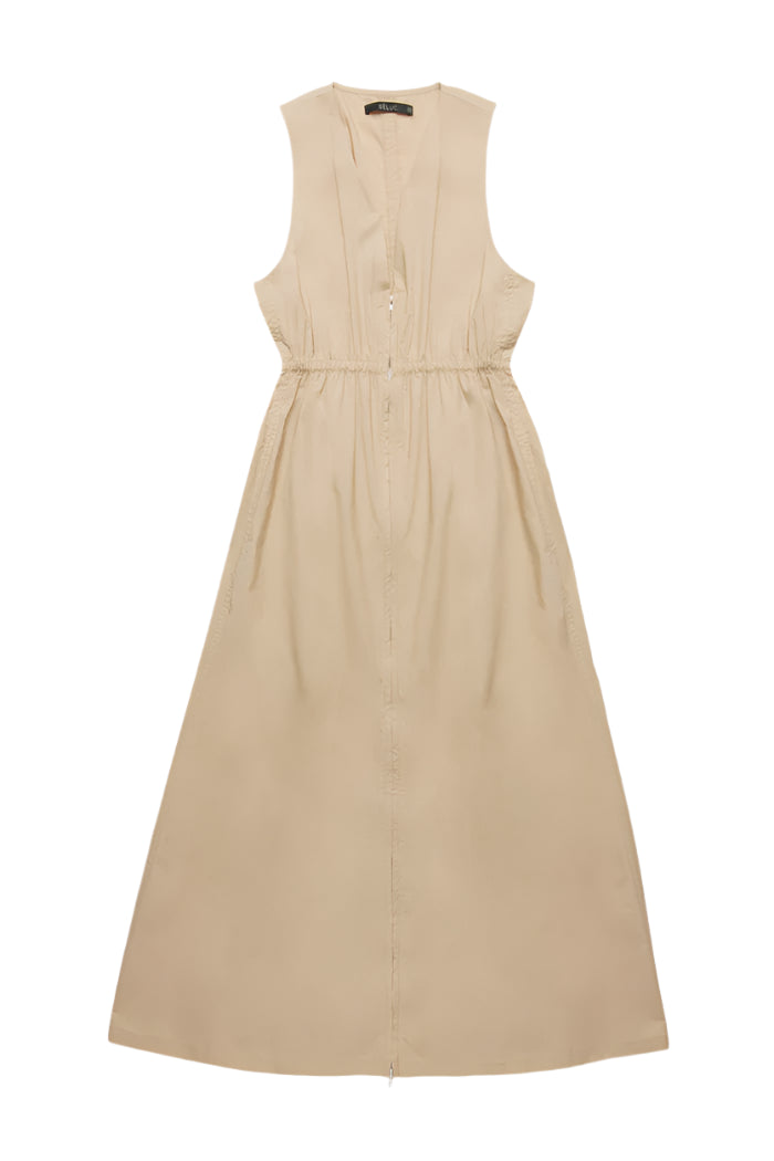 Poplin maxi dress with V neckline and without sleeves. Elastic on waist. Side pockets. Zipper for closure on front