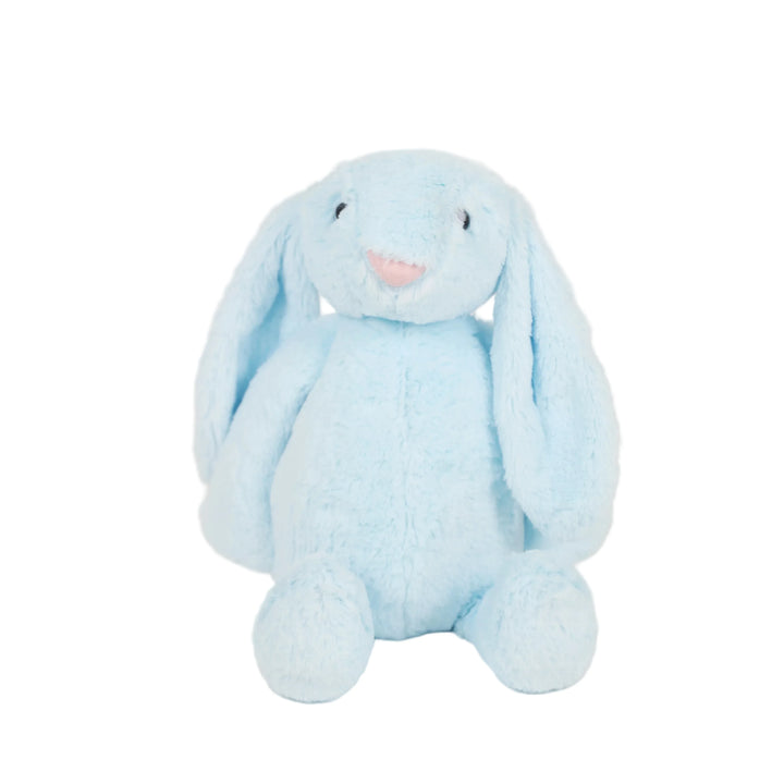 A light blue plush bunny toy with long floppy ears, black embroidered eyes, and a small pink stitched nose, photographed against a plain light background.
