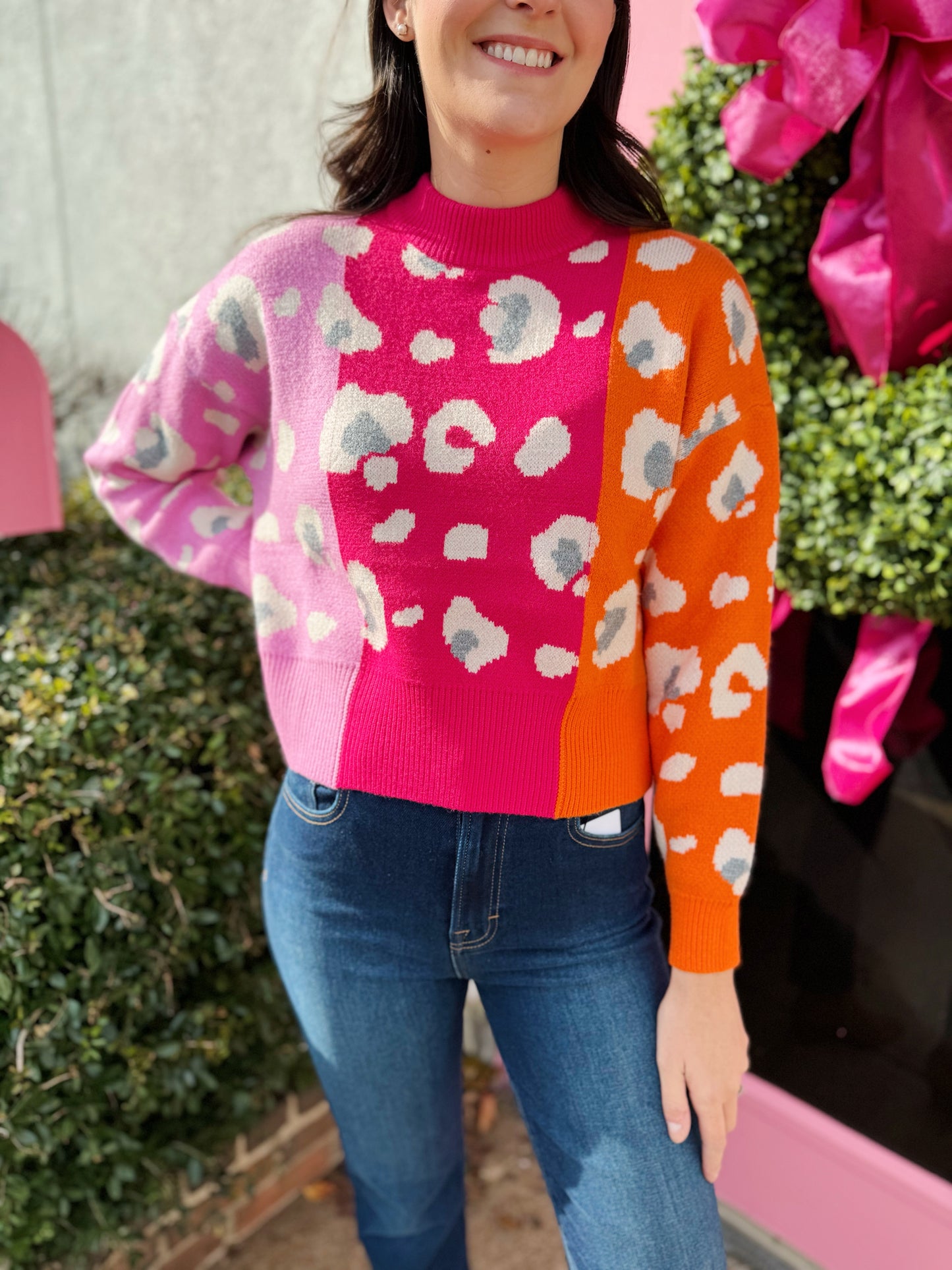 Colorblock Cheetah Print Sweater, pink and orange colorblock sweater with white and grey cheetah print 