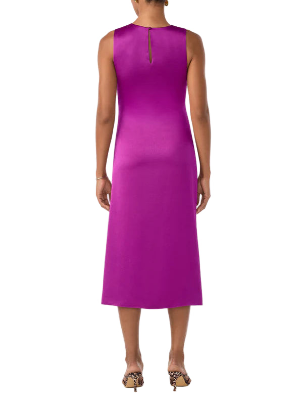 This fitted satin dress features a bold fall hue that will stand out at every elevated event this season. Its slim silhouette and shirring accent give this cocktail dress a flattering fit. This sleeveless dress features a midi length, crewneck, and side slit. It is made of lightweight, drapey satin with a beautiful sheen, making it a year-round essential dress.