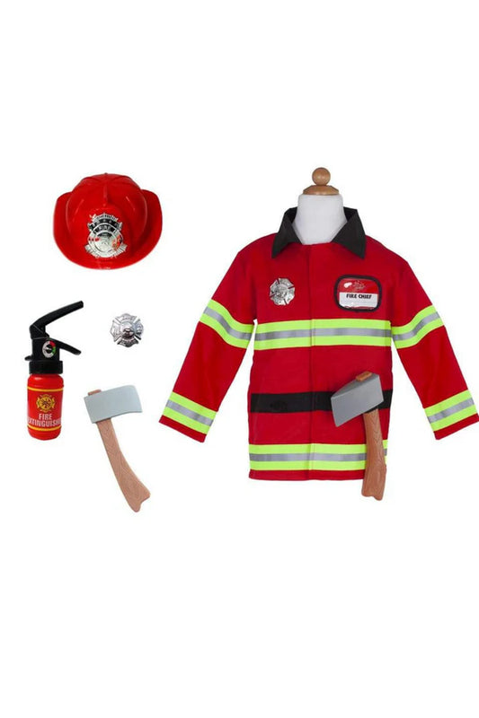 Sound the alarm! And suit up to fight ferocious pretend fires in this full firefighter outfit. Look the part in this complete 5 piece dress-up-and-play set. The set includes a red coat with reflective tape details, plastic firefighter hat with emblem, removable personalized name badge, play axe, and play fire extinguisher (which is actually a water gun!). The coat even comes with the matching plastic firehouse badge. All our Great Pretenders Career Costumes are packaged in a reusable blue garment bag for ea