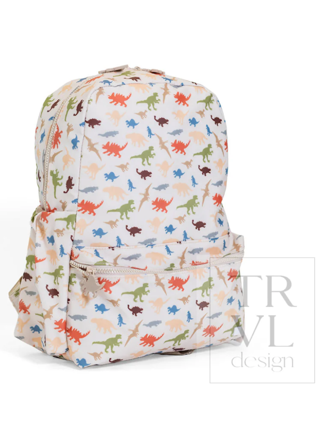 Backpack with colorful dinosaur pattern on a white background