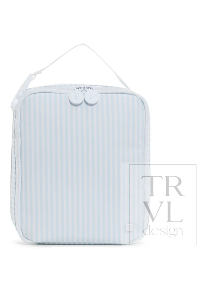 Light blue striped pouch with a white handle on a white background, featuring &