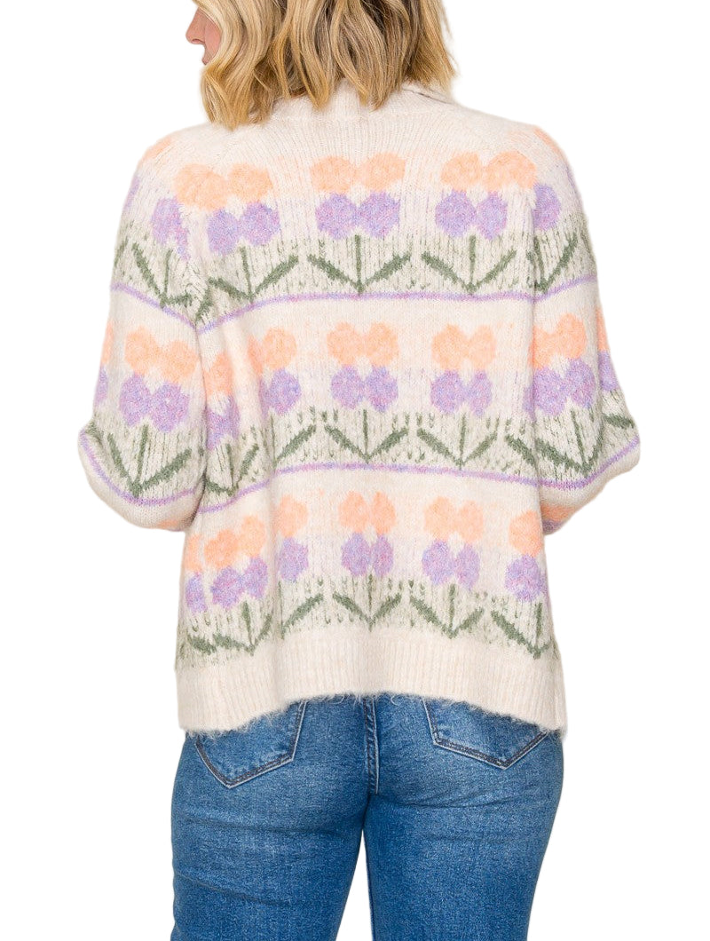 Add a burst of cheerful charm to your wardrobe with the Lauren Flower Cardigan. This playful sweater features a chunky flower jacquard pattern and a cozy collared neckline, blending comfort with fun flair. Perfect for brightening up cool days while keeping you snug and stylish.