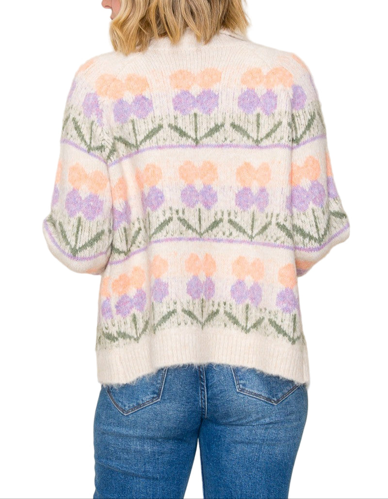 Stay cozy and stylish with the Loring Flower Jacquard Chunky Sweater. Its bold floral jacquard pattern adds a fun pop of texture, while the chunky knit keeps you warm on chilly days. Perfect for layering or wearing solo, this sweater brings cheerful comfort to your everyday wardrobe.