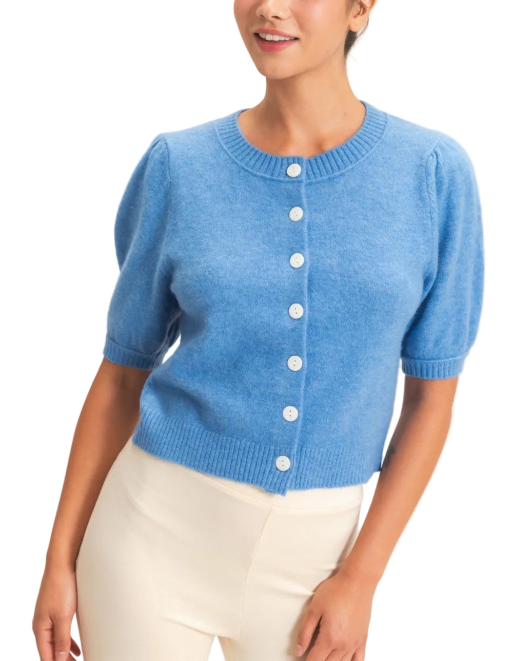 Experience comfort in this stylish button front cardigan featuring charming puff sleeves and a finely ribbed hem and neck. The knit construction provides a comfortable fit with a ribbed hem and cuffs. Perfect for layering over dresses or pairing with high-waisted trousers for a chic, modern aesthetic.