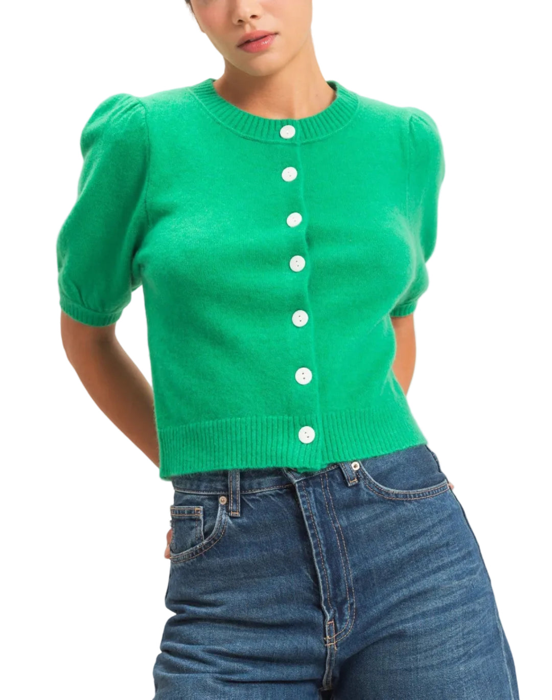 Experience comfort in this stylish button front cardigan featuring charming puff sleeves and a finely ribbed hem and neck. The knit construction provides a comfortable fit with a ribbed hem and cuffs. Perfect for layering over dresses or pairing with high-waisted trousers for a chic, modern aesthetic.