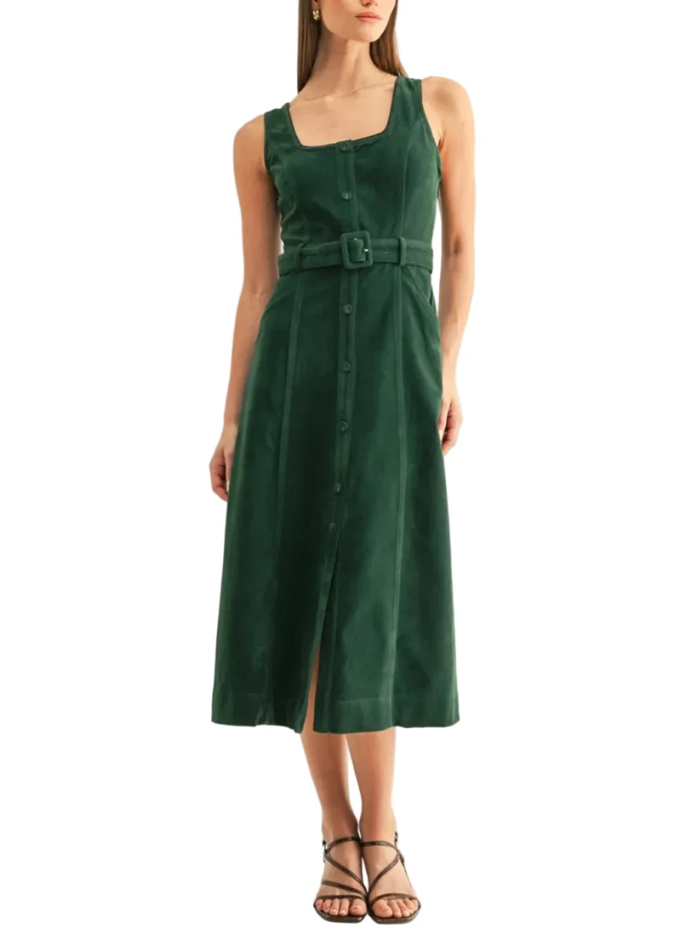 A woman modeling a sleeveless dark green midi dress with a square neckline, front button closure, and a matching belt at the waist, photographed against a plain light background.