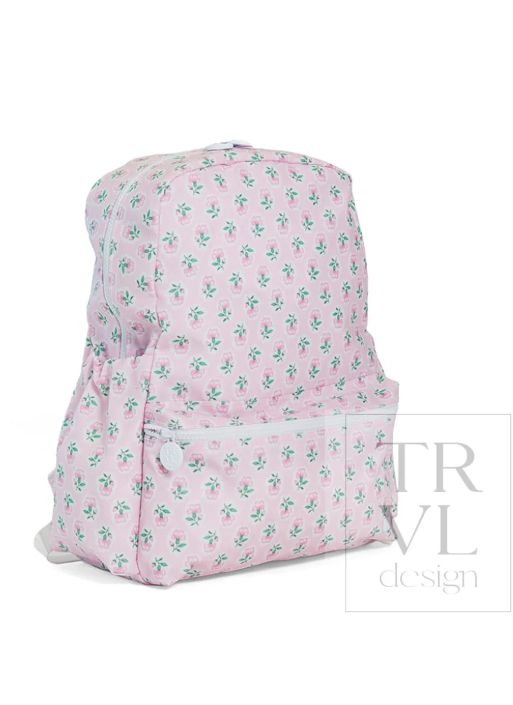 Pink floral-patterned backpack on a white background