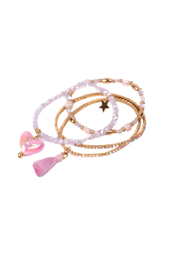 The Boutique Luminescent Love Bracelet Set is the perfect accessory for little fashionistas! This delightful set features a beaded bracelet adorned with a cute pink heart charm, capturing the essence of love and friendship. It also includes a sparkling rhinestone bracelet, complete with a charming little tassel for added flair. Perfect for stacking or wearing alone, this set will brighten up any outfit and make every day a special occasion!