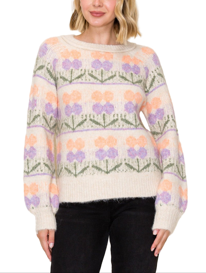 Stay cozy and stylish with the Loring Flower Jacquard Chunky Sweater. Its bold floral jacquard pattern adds a fun pop of texture, while the chunky knit keeps you warm on chilly days. Perfect for layering or wearing solo, this sweater brings cheerful comfort to your everyday wardrobe.