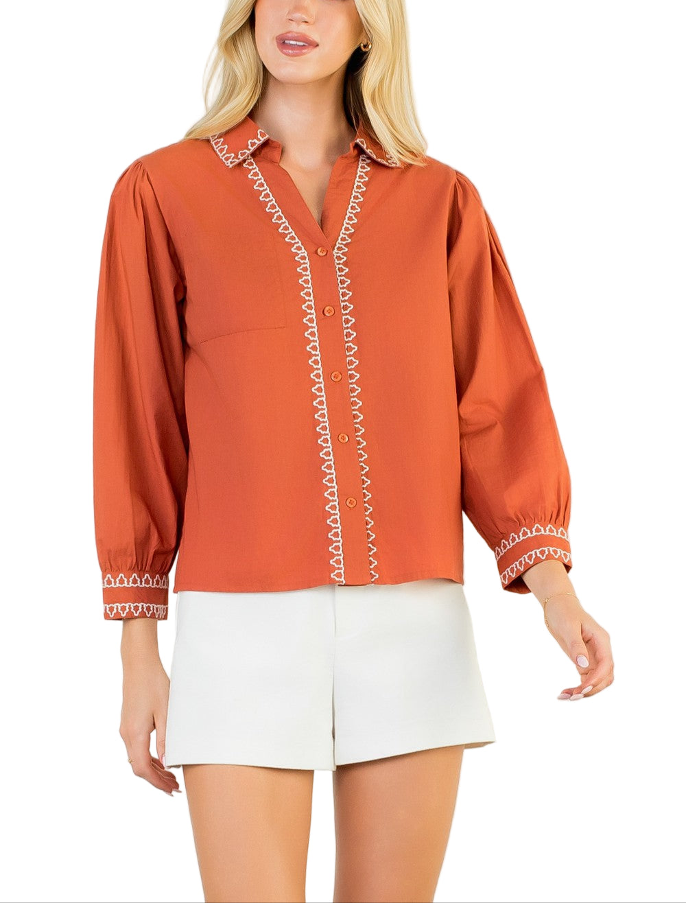 Long Sleeve Button Up Embroidered Detail Top