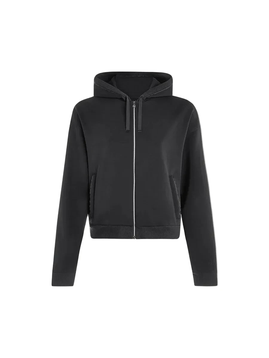 A black cropped zip-up hoodie with a drawstring hood and side pockets, displayed flat against a light gray background.