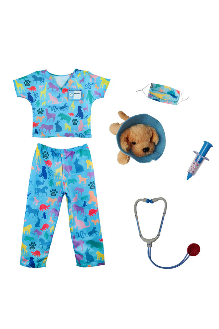 The vet is in! The adorable Veterinarian Set includes Scrubs: Shirt and Pants, Mask, Plush Puppy with removable Cone, Syringe with working plunger, Stethoscope, and a Name Card.  Fully accessorized to play animal doctor your child will love taking care of plush animals! Taking care of your stuffed animals is the perfect way to nurture and develop compassion in young children, and it’s a fun and engaging way when suited up with these colourful animal print scrubs and realistic-looking accessories.  