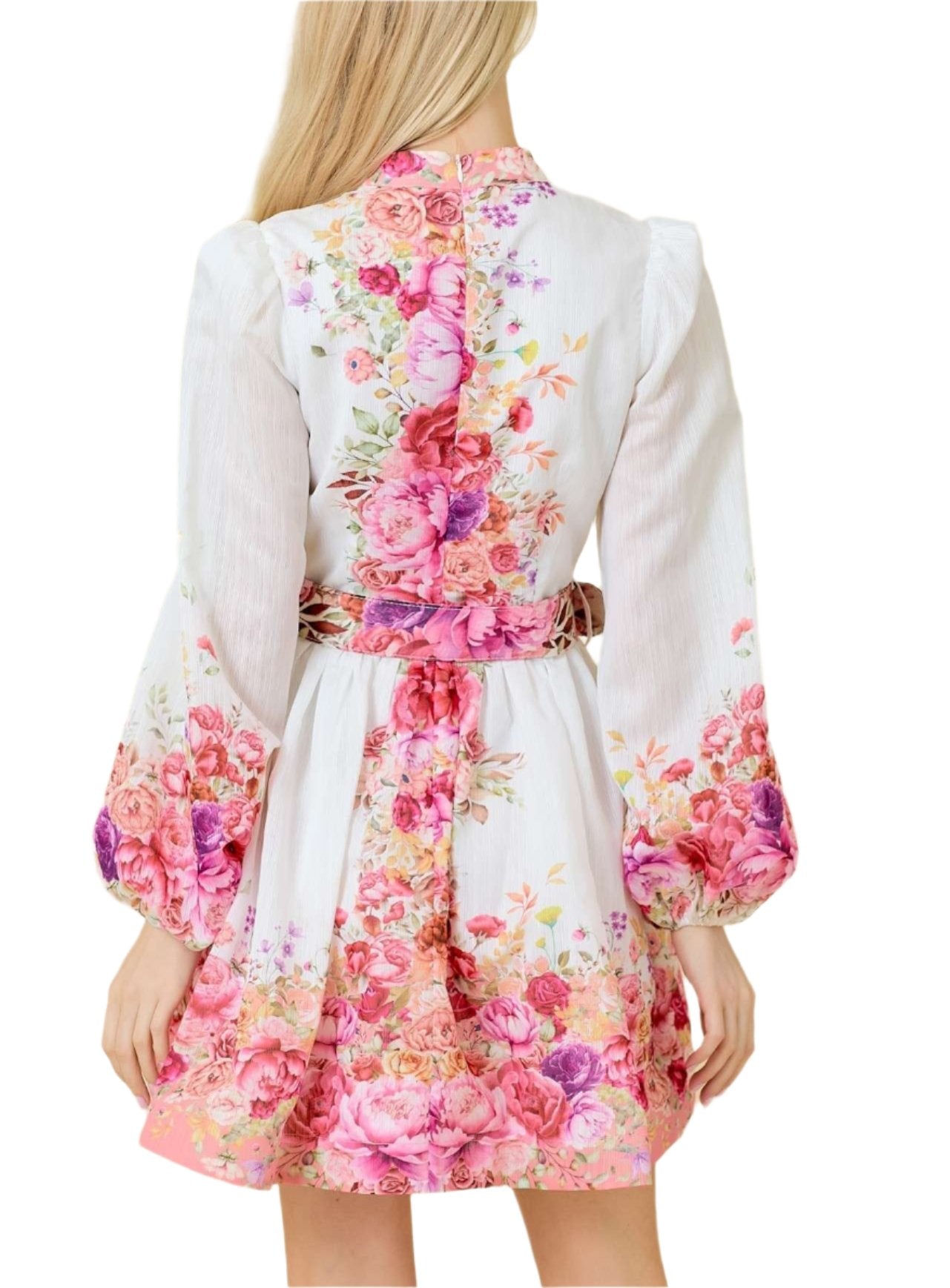 Mock Neck Mini Dress With Front Button Down Detail and Border Floral Print