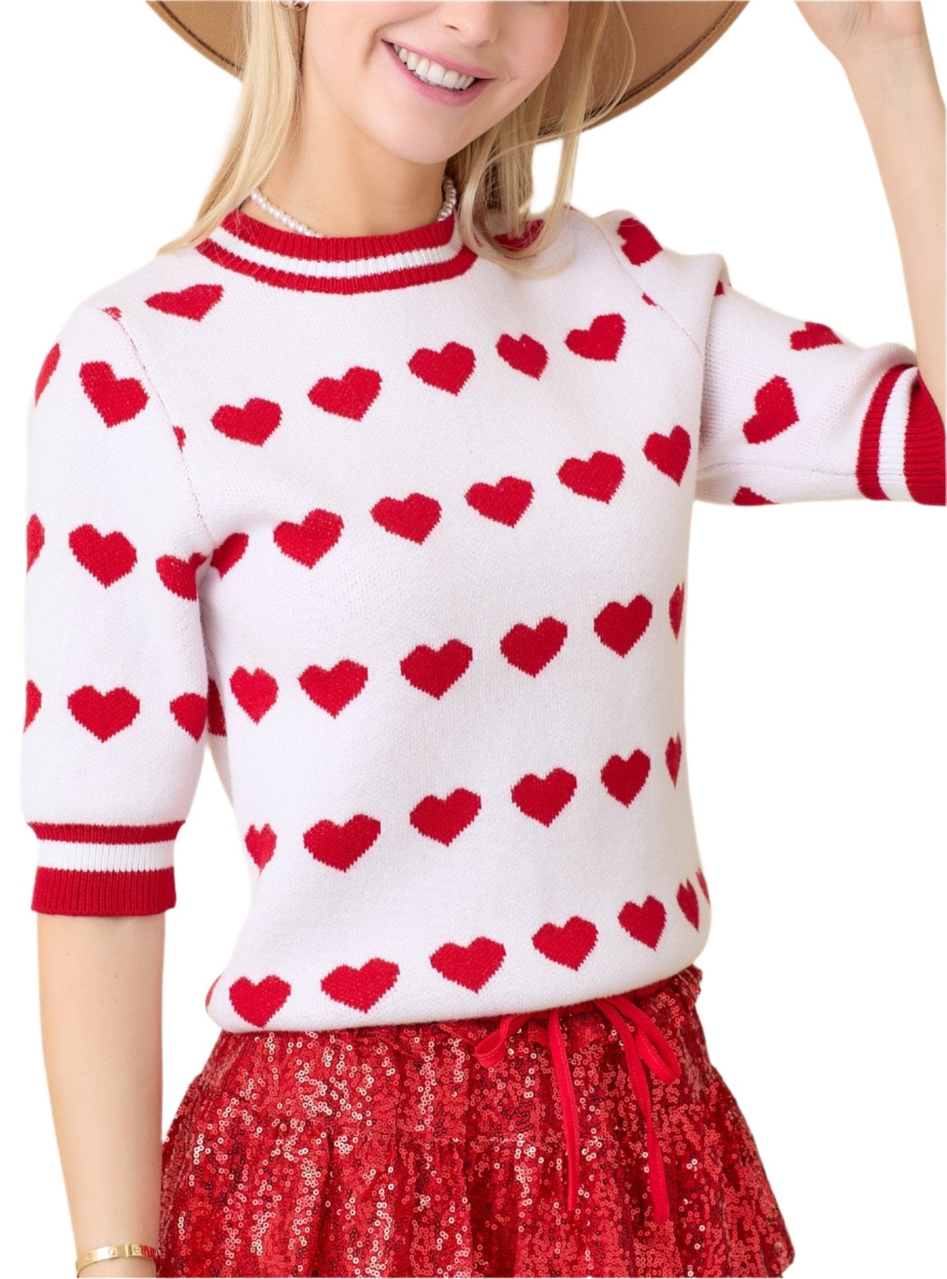 3/4" Sweater Knit Top With Heart Stripe Print