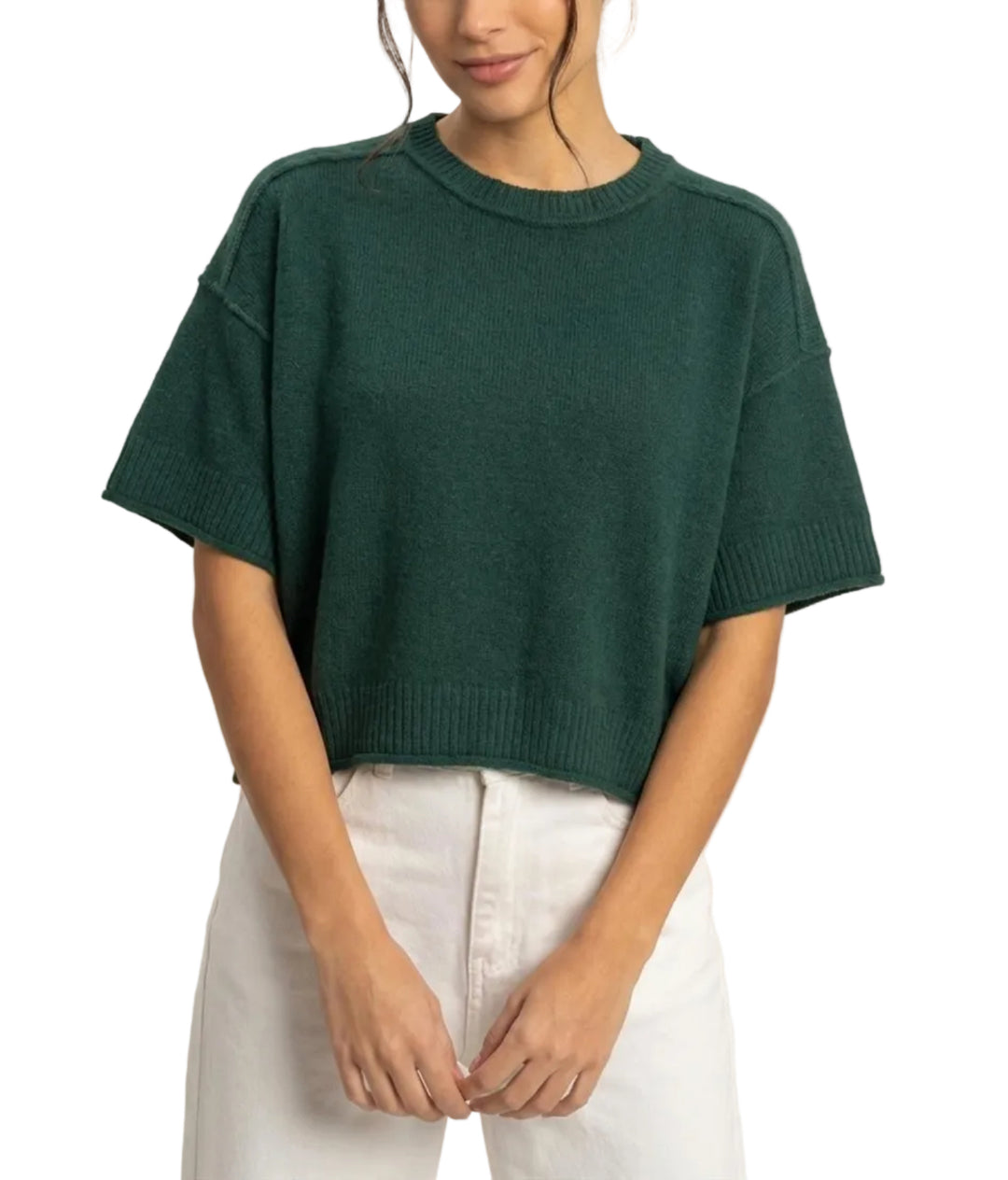 Embrace the relaxed silhouette of this ribbed crew neck pullover top, featuring elbow-length sleeves and a straight hem. With rolled raw-edge sleeves and hem, the versatile cut is ideal for layering over a collared shirt for a chic office ensemble or pairing with high-waisted jeans for a laid-back weekend vibe.