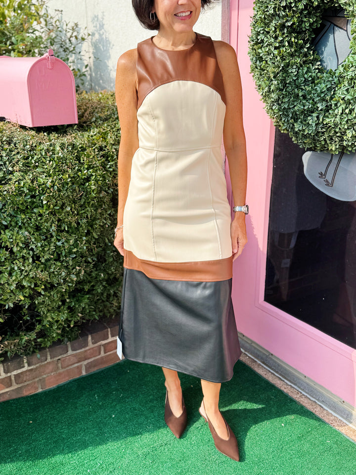 Caspia Vegan Leather Color Block Midi Dress