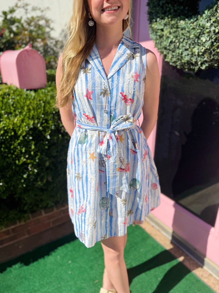 Brittany Tropical Print Dress in Blue