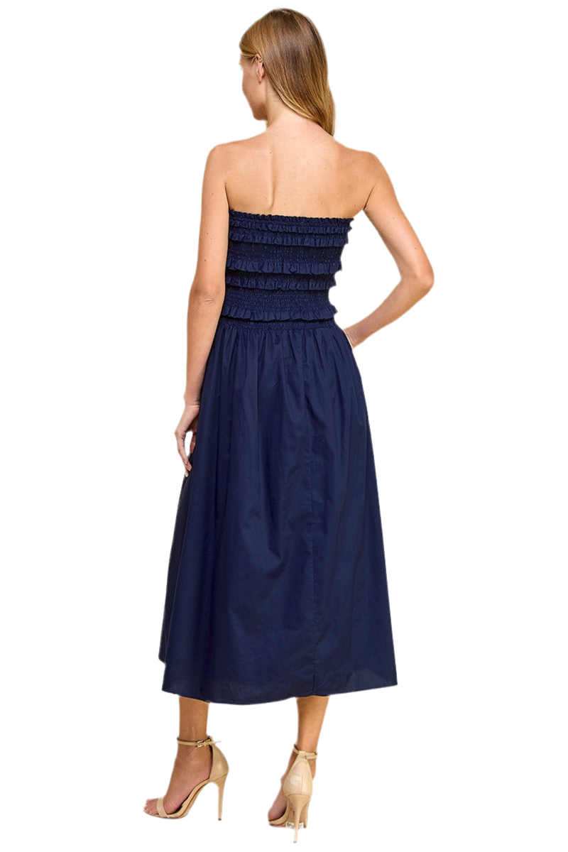 Solid strapless design midi dress featuring a Fitted smocked with ruffles detail top.