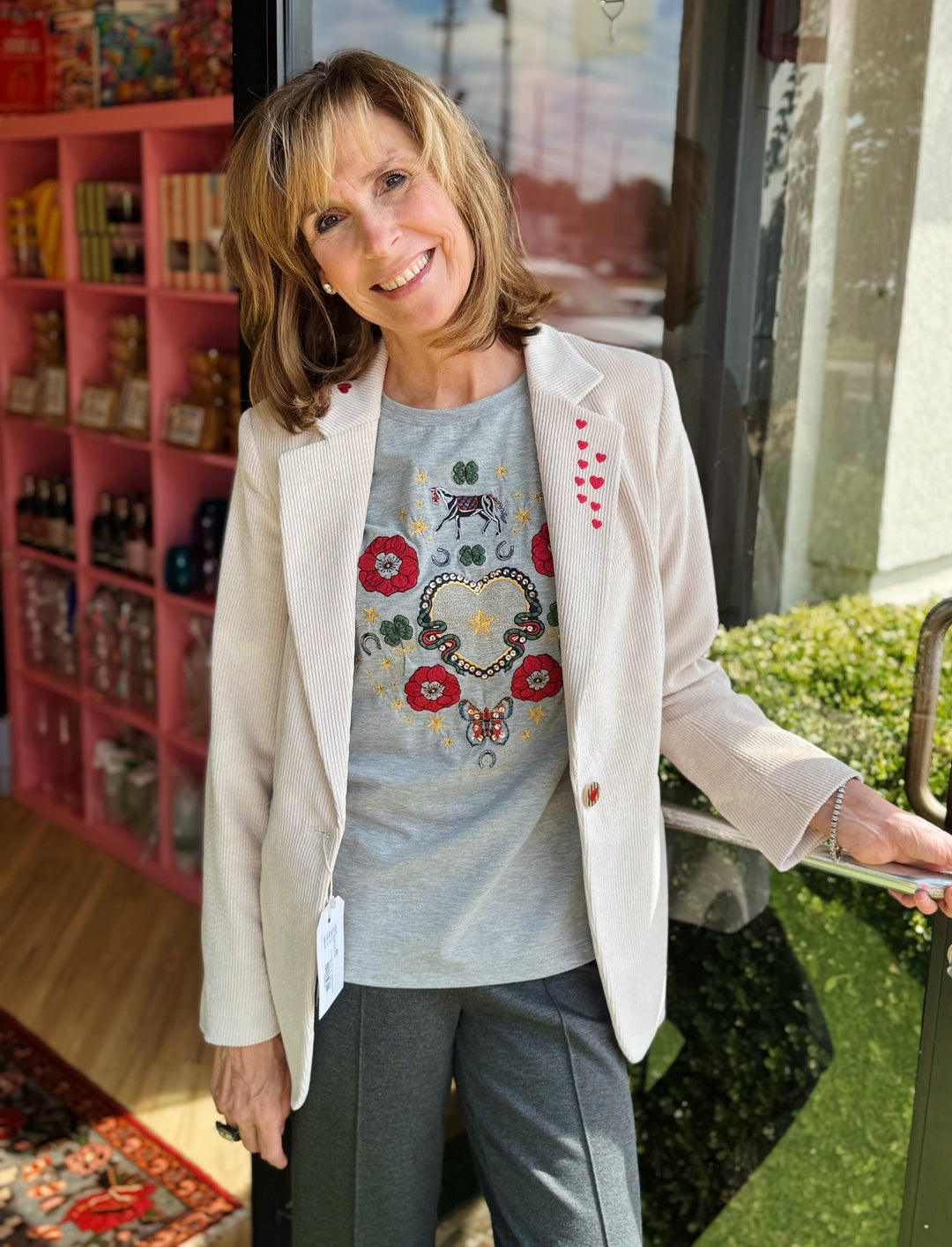 Ecru Corduroy Blazer with Equestrian Embroidery