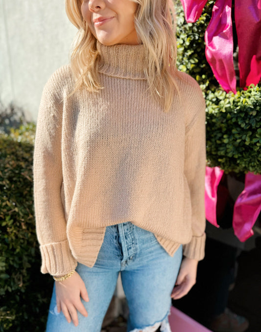 Chai Grace T Neck Sweater by Wooden Ships, tan knitted turtleneck sweater 