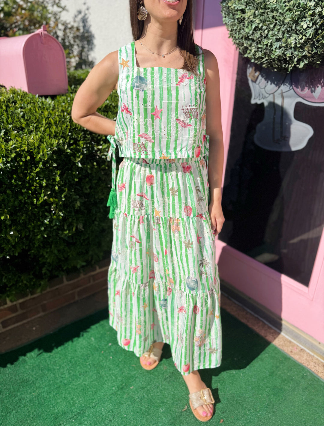 Lacey Beach Print Midi Skirt Set in Green - Pickering Boxwood