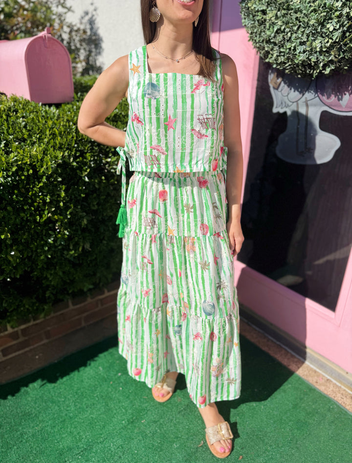 Lacey Beach Print Midi Skirt Set in Green - Pickering Boxwood