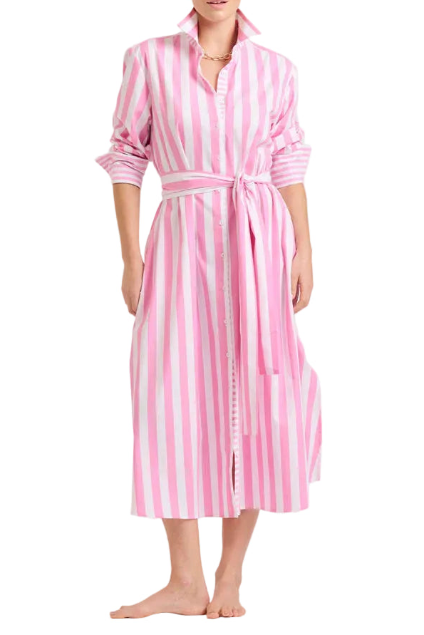 Woman wearing a pink and white striped dress on a white background