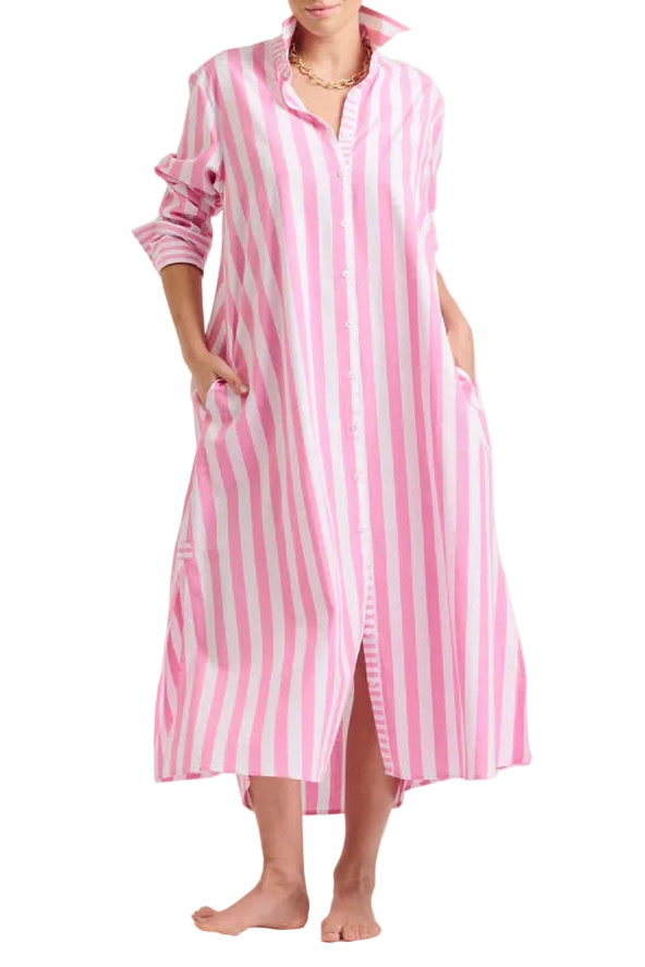 Woman wearing a pink and white striped dress on a white background