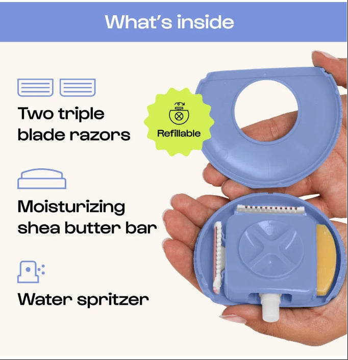 What is it? The world's first all-in-one portable razor. This TSA-approved, award-winning original packs everything you need to shave any time, anywhere: a refillable spray bottle, moisturizing bar, and two triple-blade, flex hinge razors for a clean, close shave. Glide on the Shea Butter-infused moisturizing bar pre- and post-shave for silky, soft-to-the-touch skin.