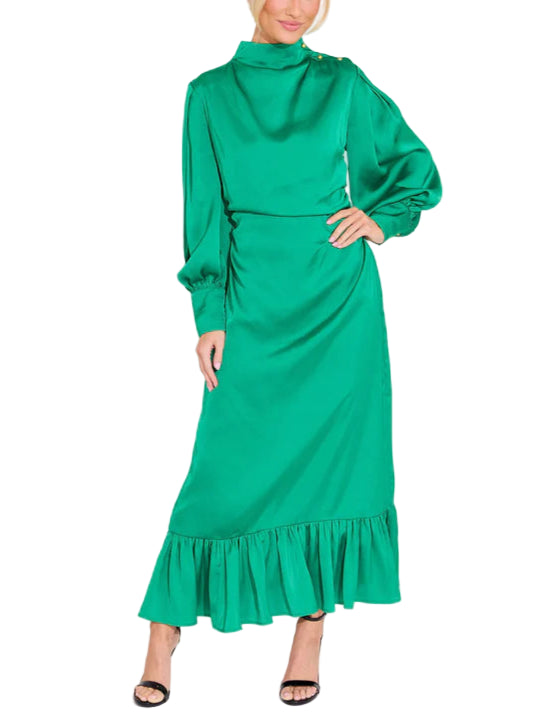Classy and chic, The Parker Dress is making a statement with a mock neck line, balloon sleeves and a maxi skirt with ruffle trim. 

Fabric Content: 100% Polyester
Fabric: Poly Charmeuse
Machine wash cold