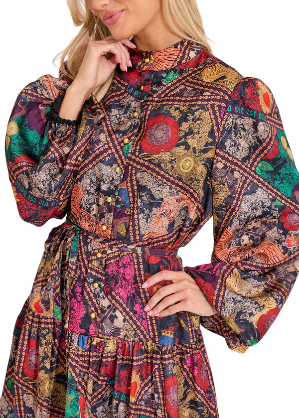 Introducing the Adele dress! This mini long sleeve dress is the perfect addition to your wardrobe. Featuring our royalty print this dress is sure to be a favorite. Pair it with your favorite boots to complete the look!

Fabric Content: 100% Polyester
Fabric: Poly Charmeuse
Machine wash cold