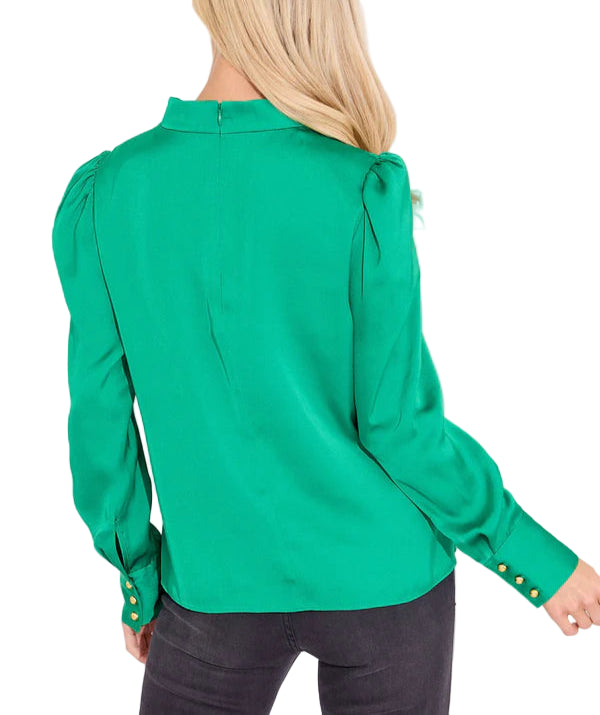 Calling all boss babes! The Scarlett Top is a perfect day to night option for a busy work day at the office or a happy hour at 5. Featuring ruching, puff sleeves and button detailing at the wrists.

Fabric Content: 100% Polyester
Fabric: Poly Charmeuse
Machine wash cold