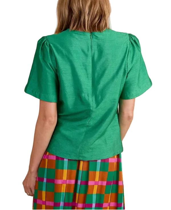 A woman viewed from the back wearing a bright green short-sleeve top with puffed shoulders and a colorful plaid skirt, set against a solid tan studio background.