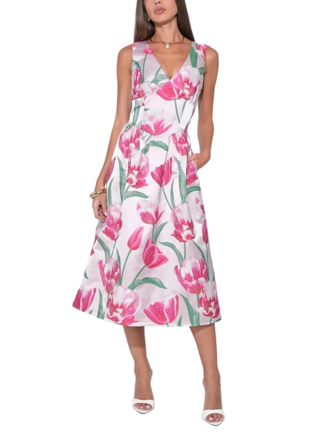 The jacquard weave creates a raised, dimensional floral pattern that catches the light with every movement, giving the dress a sophisticated, high-end weight. The sweetheart neckline offers a romantic, contoured frame for the décolletage, while the midi-length skirt provides a graceful, tea-length sweep that is both modest and chic.
