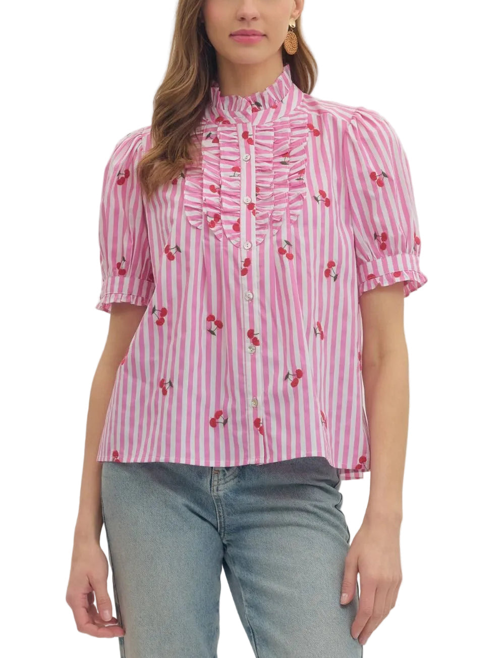 Striped embroidered cherry puff short sleeve top featuring ruffle bib front detail. Button closure at front. Ruffle trim at stand collar and sleeve cuff. Unlined. Woven. Non-sheer. Lightweight.