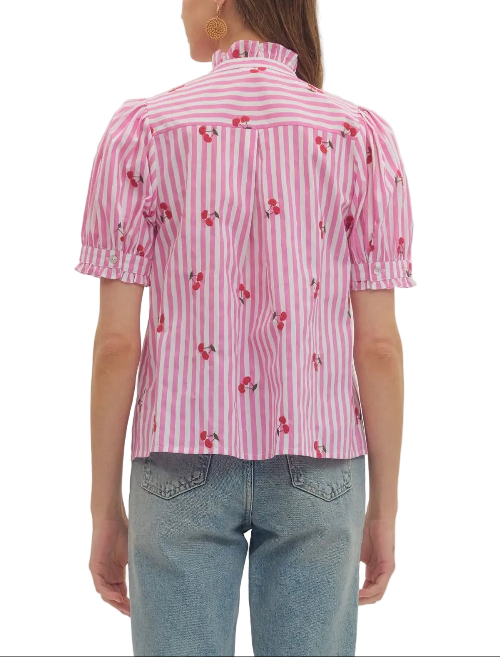 Striped embroidered cherry puff short sleeve top featuring ruffle bib front detail. Button closure at front. Ruffle trim at stand collar and sleeve cuff. Unlined. Woven. Non-sheer. Lightweight.