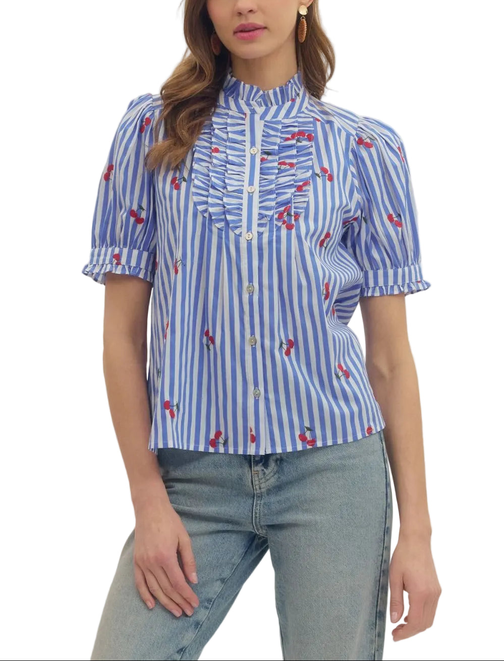Striped embroidered cherry puff short sleeve top featuring ruffle bib front detail. Button closure at front. Ruffle trim at stand collar and sleeve cuff. Unlined. Woven. Non-sheer. Lightweight.